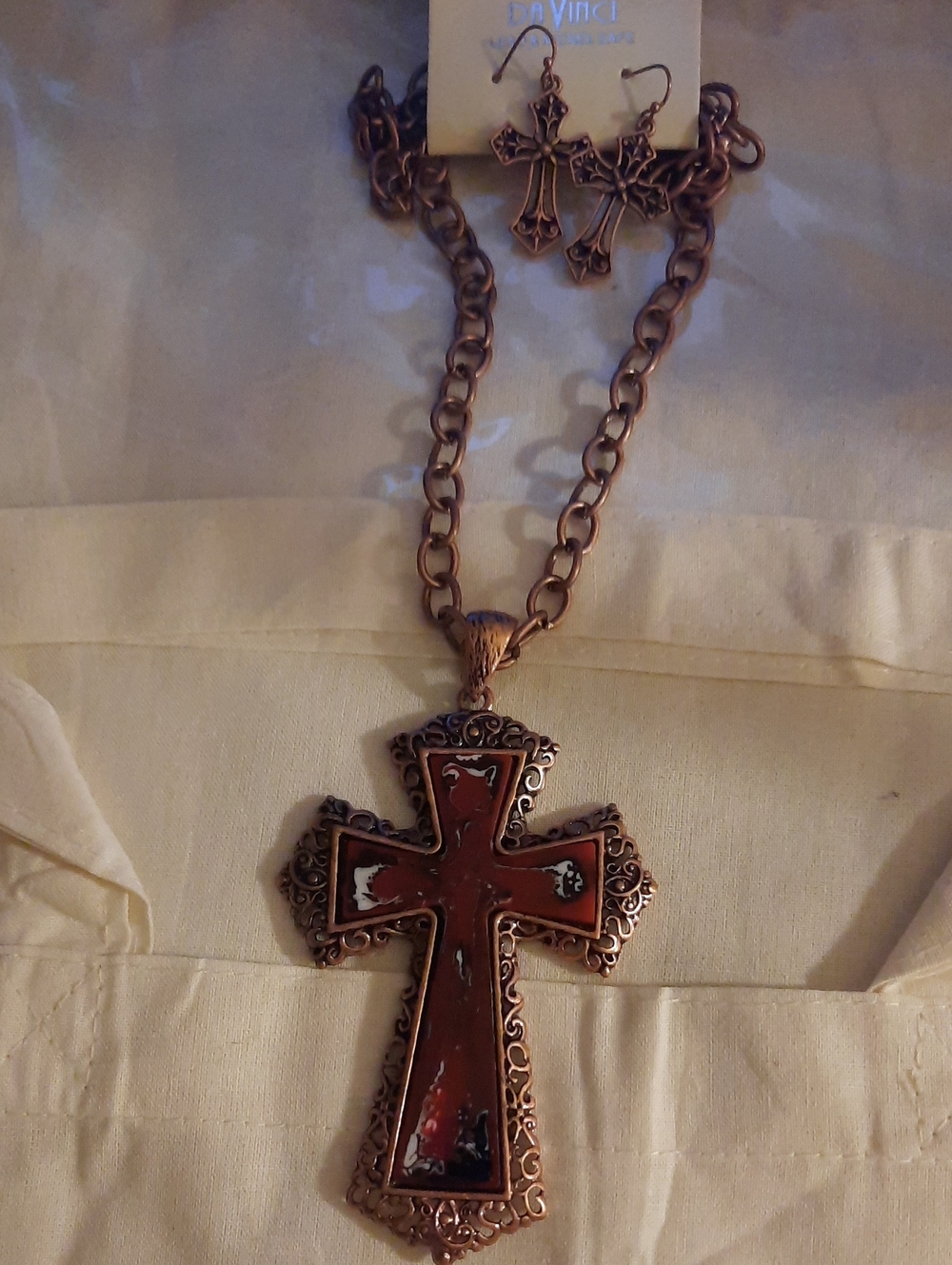 DaVinci Copper-Tone Cross Necklace with Red Enamel Inset